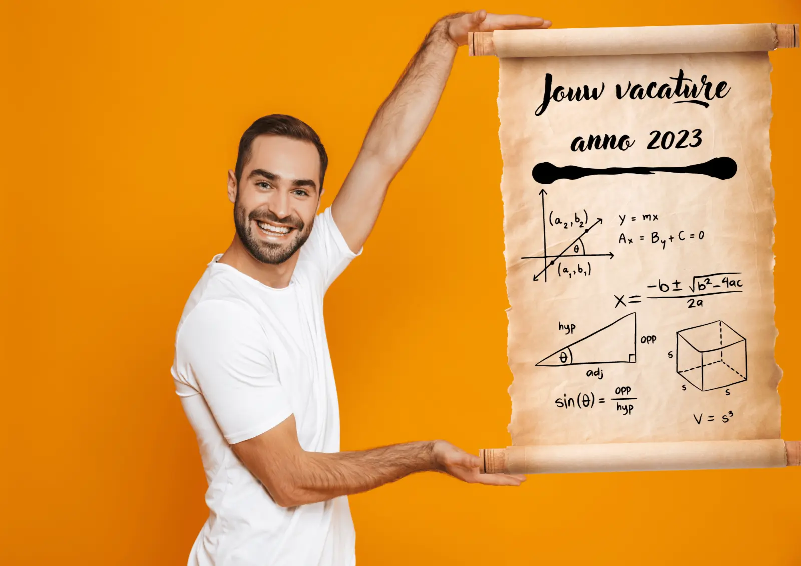 Een man die op een boekrol laat zien hoe ingewikkeld het is om tegenwoordig een vacature schrijven in 2023