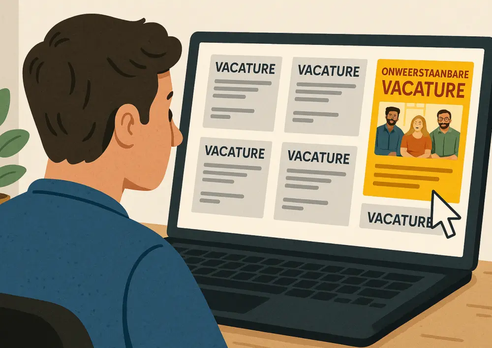 Een werkzoekende die vacatures zoekt van zichtbaar naar onweerstaanbaar en klikt